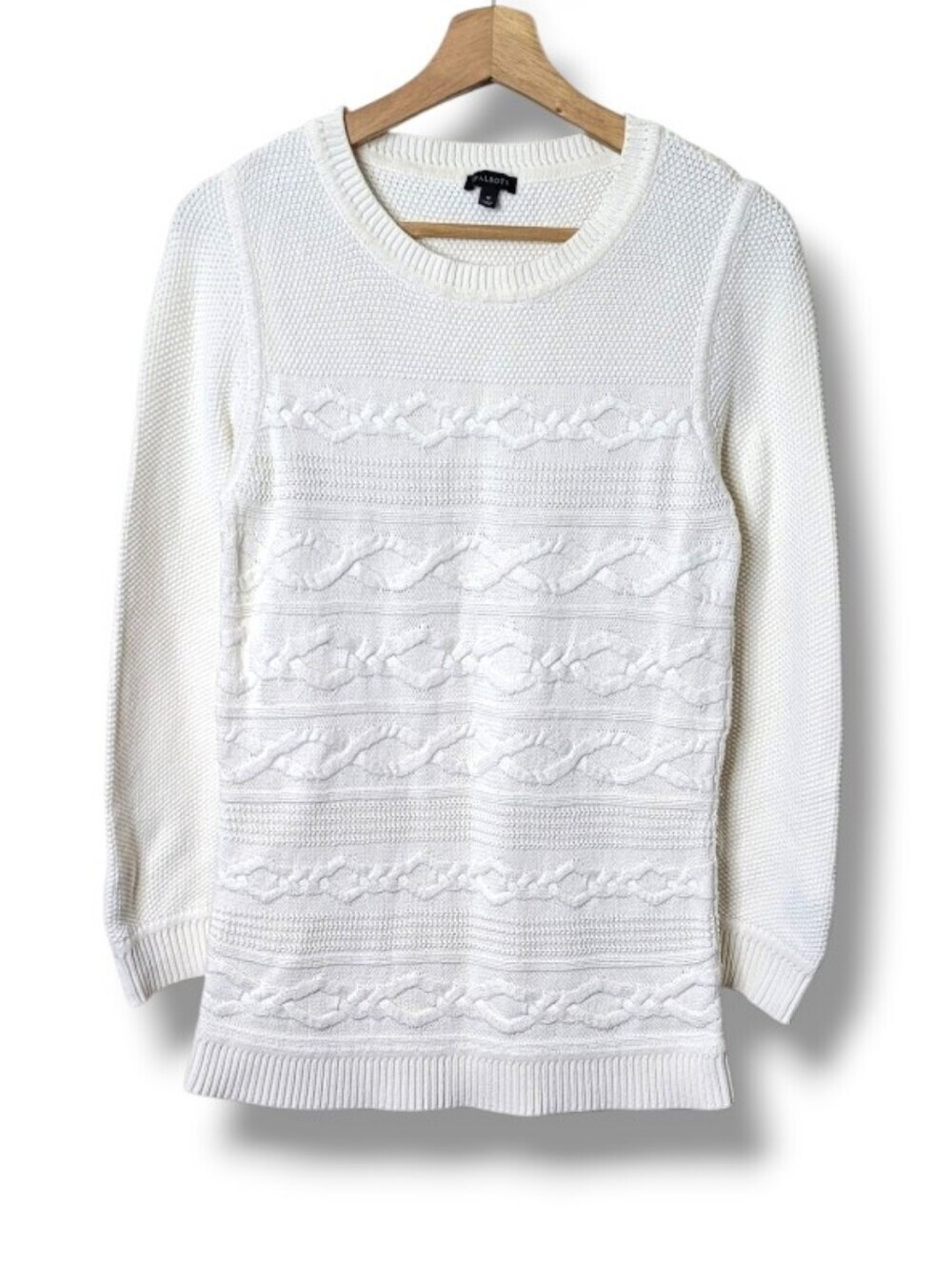 Talbots White Cable Knit Cotton Sweater M